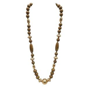 Vintage Acrylic Brown Gold Beaded Necklace Textured Gold Tone Accents